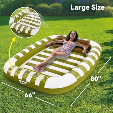Pool Wave Inflatable Pool Lounger Floats, 80" x 66" Large Tanning Bed for Adult Kids, Outdoor Sun Bathing Floating Blow up Raft W/Pillow, Spray Water Mat, Summer Beach Lake Family Party Gift - Green - Image 3