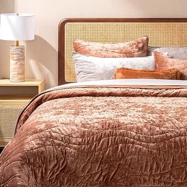 EVERGRACE Luxury Velvet Quilt Queen Size, Ultra Soft Wave Crushed Velvet Bedding Set, Lightweight Quilted Comforter Set for All Season, Oversized Bedspread Coverlet with 2 Shams, Burnt Orange - Image 5