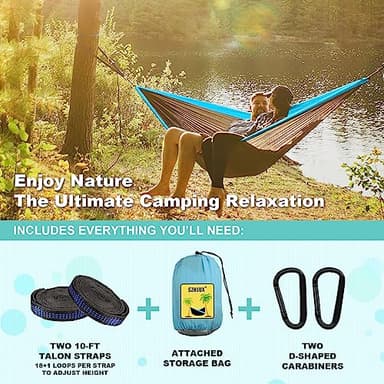 SZHLUX Camping Hammock Double & Single Portable Hammocks with 2 Tree Straps and Attached Carry Bag,Great for Outdoor,Indoor,Beach,Camping,Light Grey / Sky Blue - Image 3