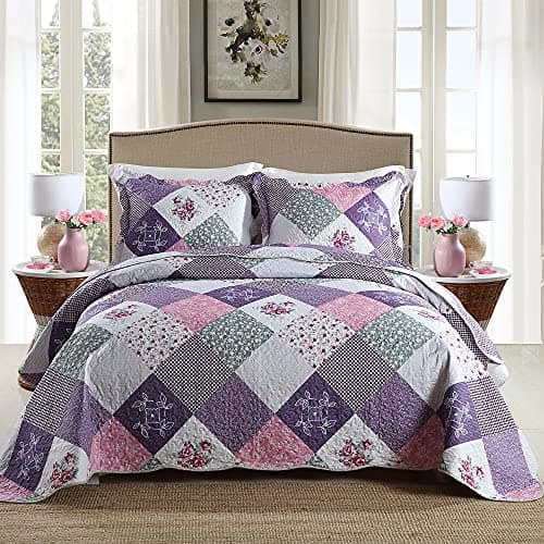 Travan Bedspread Quilt Set 3-Piece Lightweight Coverlet Set with Shams Reversible Quilted Bedding Set for All Season, Purple Floral, Queen Size - Image 1