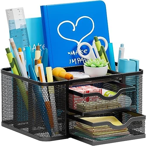 Marbrasse Mesh Desk Organizer, Pen Organizer with 2 Drawer, Multi-Functional Pencil Holder, Desk Organizers and Accessories with 5 Compartments + Drawer for Office Art Supplies (Black) - Image 1