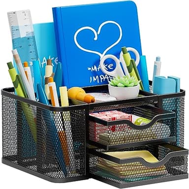 Marbrasse Mesh Desk Organizer, Pen Organizer with 2 Drawer, Multi-Functional Pencil Holder, Desk Organizers and Accessories with 5 Compartments + Drawer for Office Art Supplies (Black) - Image 1