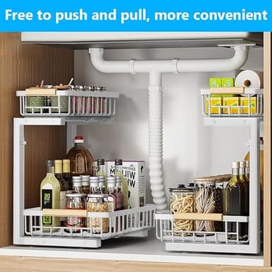 Merrylun Under Sink Organizers,5 Adjustable Height，Metal Pull Out and Storage Shelves with Sliding Drawer for Kitchen, Bathroom, White, 2 Pack（Hight 13.6″-16.9″） - Image 2
