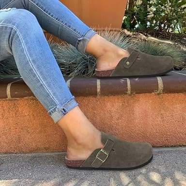 KIDMI Women's Genuine Suede Clogs Cork Footbed Sandals Leather Mules Potato Shoes with Arch Support Army Green 39 (Size 7.5-8) - Image 2