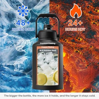BUZIO 1 Gallon Water Bottle Insulated, (Cold for 48 Hrs) 3.58in Big Wide Mouth Leak Proof, 128oz Large Water Jug Stainless Steel Metal Flask with Handle for Camping,Outdoor Work,Travel,Hiking, Black - Image 2
