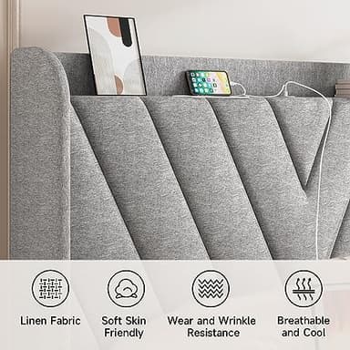 koorlian Queen Bed Frame, Linen Adjustable Upholstered Platform Bed Frame with Type-C&USB Port, Wingback Storage Headboard, Solid Wood Slats Support, No Box Spring Needed, Noiseless, Light Gray - Image 4