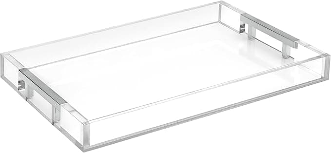 Modern 16"x12" Rectangle Acrylic Lucite Plastic Decorative Serving Tray with Silver Stainless Steel Metal Handles for Home Decor Ottoman Coffee Table Food Fruits Lap Vanity Perfume by Home Redefined - Image 1