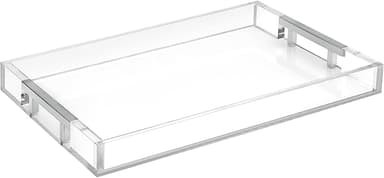 Modern 16"x12" Rectangle Acrylic Lucite Plastic Decorative Serving Tray with Silver Stainless Steel Metal Handles for Home Decor Ottoman Coffee Table Food Fruits Lap Vanity Perfume by Home Redefined - Image 1