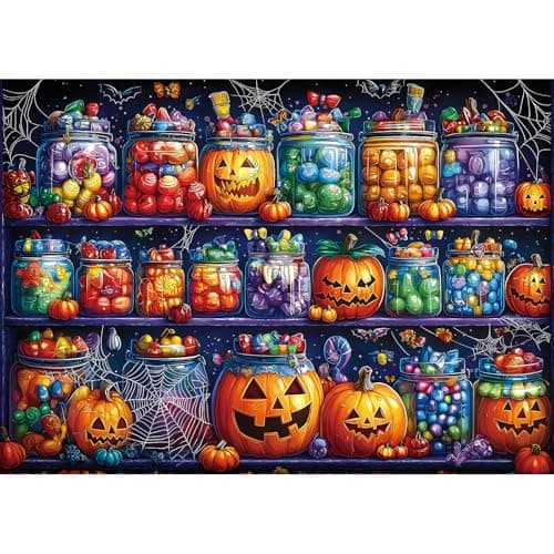 Halloween Candy Jars 1000 Piece Puzzle for Adults Spooky Night Mason Jars Challenging Jigsaw Puzzles for Adults Family Game Night (27"x19") - Image 1