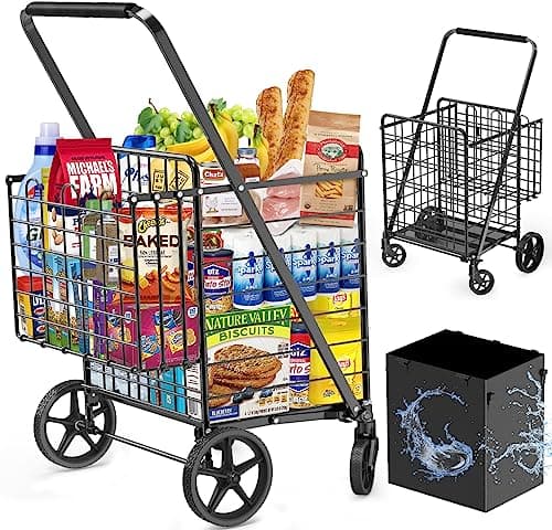 455lbs Shopping Cart for Groceries, Large Heavy Duty Grocery Cart on Wheels, Folding Dual Basket Utility Carts with Waterproof Liner, Shopping Carts for Transport, Laundry, Gift, Luggage - Image 1