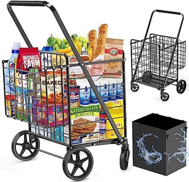455lbs Shopping Cart for Groceries, Large Heavy Duty Grocery Cart on Wheels, Folding Dual Basket Utility Carts with Waterproof Liner, Shopping Carts for Transport, Laundry, Gift, Luggage - Image 1