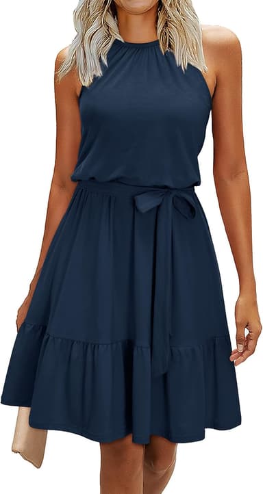 Newshows Womens 2026 Summer Dress Halter Wedding Guest Casual Beach Vacation Outfits Belted Sundresses with Pockets - Image 2