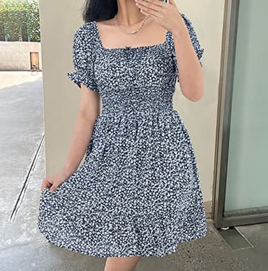 Heysolo Womens Boho Floral Mini Dress Square Neck Short Sleeve Smocked Beach Summer Dresses Navy Blue - Image 2