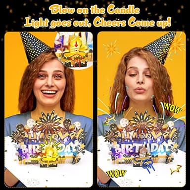 BYKOOO Birthday Card | Musical Pop Up Birthday Cards w Light | Blow Out LED Light Candle & Play Happy Birthday Music Pop Up Card | Greeting Cards Gifts for Him or Her | Black Gold (Blowable Candle) - Image 4