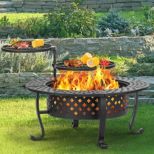 Panovue 42 Inch Fire Pit with 2 BBQ Grills, Wood Burning Fire Pits for Outside with Lid & Fire Poker, BBQ& Outdoor Firepit & Round Metal Table 3 in 1 for Patio, Picnic, Party - Image 1