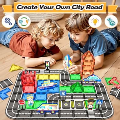 IGIVI 104 PCS Magnetic Tiles Road Set, STEM Construction Toys for Kids Ages 3-5 5-7 4-8, Magnet Building Blocks for Toddler Toys Games, Christmas Birthday Gifts for 3+ Year Old Boys Girls - Image 6
