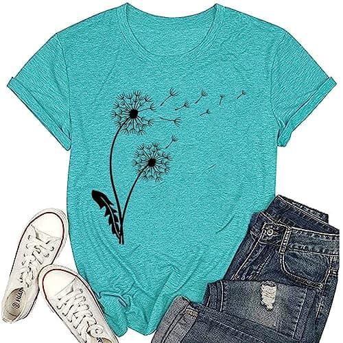 Dandelion T Shirts for Women Flower Graphic Tees O Neck Short Sleeve Cute Summer Blouse Causal T Shirts (Mint Green, S) - Image 1