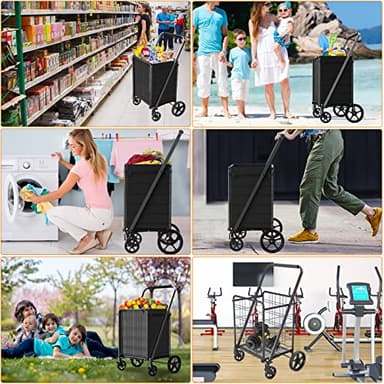 [Upgrade] Shopping Cart for Groceries, 280 LBS Large Grocery Cart with Waterproof Liner, 360° Rolling Swivel Wheels, Heavy Duty Utility Cart Folding Shopping Carts for Laundry Luggage Gift - Image 7