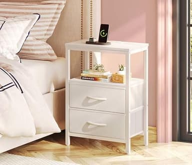 Huuger Nightstand with Charging Station, Side Table with 2 Fabric Drawers, End Table with Open Shelf, Bedside Table with USB-C Port and Outlets, Night Stand, PU Leather, White - Image 2