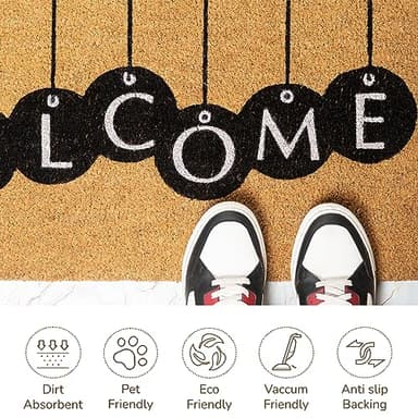 Eco Living Welcome Mats, Natural Coco Coir Mat with Non-Slip PVC Backing, Indoor Outdoor Mats for Entryway, Rustic Decor for Front Door, All-Weather Floor Mats with Print, Beige & Black, 30”x17” - Image 3