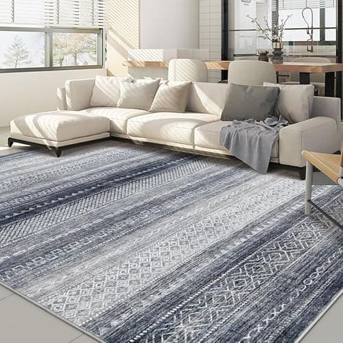Nakagishi Area Rugs 9x12 Living Room Rug: Washable Boho Large Neutral Modern Soft Stain Resistant Indoor Floor Non-Slip Moroccan Accent Carpet for Bedroom Nursery Kid Playroom Office Dining Room- Blue - Image 1