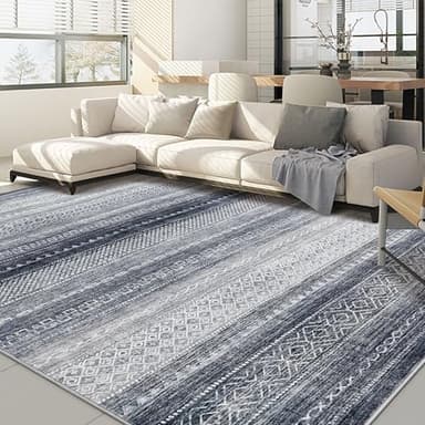 Nakagishi Area Rugs 9x12 Living Room Rug: Washable Boho Large Neutral Modern Soft Stain Resistant Indoor Floor Non-Slip Moroccan Accent Carpet for Bedroom Nursery Kid Playroom Office Dining Room- Blue - Image 1