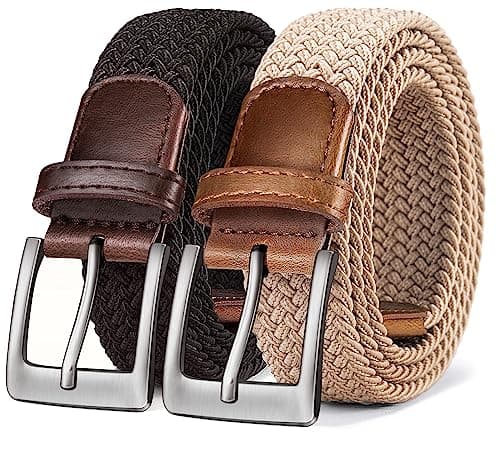 BULLIANT Belt for Men 2Pack,Mens Gift Stretch Braided Web Belt Elastic for Casual Golf Jeans,1 3/8"(Black/Beige,42"-46" Waist Adjustable) - Image 1