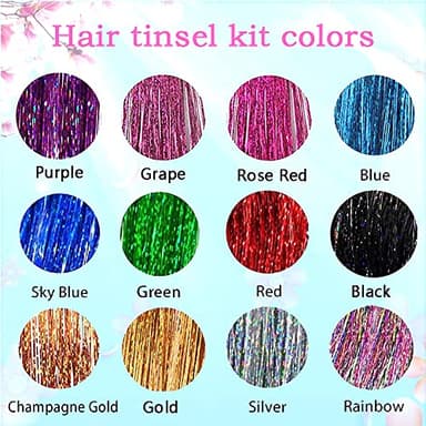 Fairy Hair Tinsel Kit with Tools 48 Inch Heat Resistant Safe 12 Colors Glitter Tinsel Hair Extensions 3200 strands (12 Colors, 3200 Strands) - Image 3