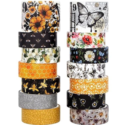 KOVANO Washi Tape Set 14 Rolls, Vintage Bee Floral Butterfly Botanical Washi Tape, Yellow Black Decorative Tapes for Scrapbooking Supplies, Junk Journal, Bullet Journaling, Art Crafts - Image 1
