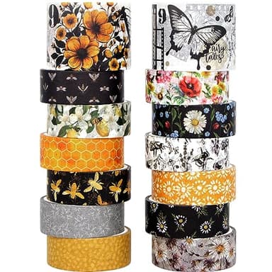 KOVANO Washi Tape Set 14 Rolls, Vintage Bee Floral Butterfly Botanical Washi Tape, Yellow Black Decorative Tapes for Scrapbooking Supplies, Junk Journal, Bullet Journaling, Art Crafts - Image 1