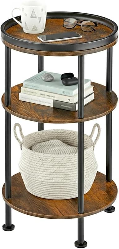 Small Round Side Table with Tray Top (Patented Design), 11.8" Narrow End Table for Small Spaces, 3-Tier Industrial Nightstand, Original Rustic Accent Furniture for Living Room Bedroom, Rustic Brown - Image 1
