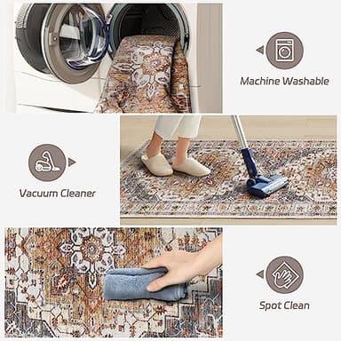 Madane Runner Rug 2x8, Washable Hallway Runner Rugs, Non-Slip Low-Pile Soft Kitchen Rug Runner Laundry Room Rug, Vintage Throw Entry Foyer Mat for Entrance Living Room (Turmeric/Grey, 2 x 8) - Image 5