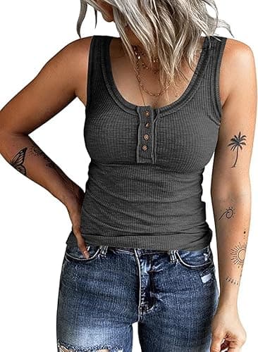 KINLONSAIR Women's Sleeveless Henley Tank Tops Ribbed V Neck Button Down T Shirts Summer Slim Fit Tee Tops Dark Gray - Image 1