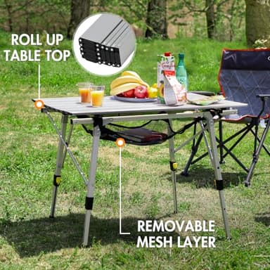 PORTAL Outdoor Folding Portable Picnic Camping Table with Adjustable Height Aluminum Roll Up Table Top Mesh Layer, Silver - Image 7