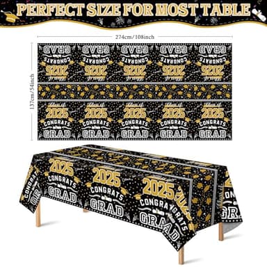 OHOME Graduation Decorations 2025 - Class of 2025 - Plastic Black Tablecloth for Graduation Party Decorations - Class of 2025 Decorations Party Favors Supplies Banner,54" X 108" - Image 3