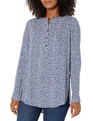 Amazon Essentials Women's Long-Sleeve Woven Blouse, Navy White Petals, Large - Image 1