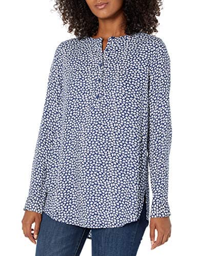 Amazon Essentials Women's Long-Sleeve Woven Blouse, Navy White Petals, Large - Image 1