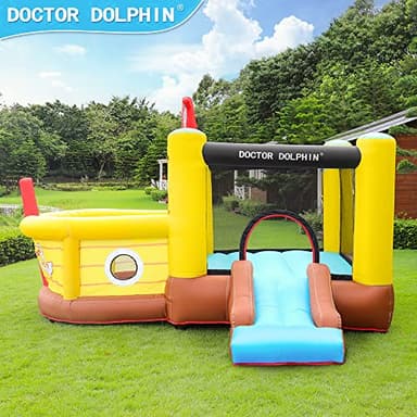 Doctor Dolphin Bounce House Inflatable Slide with Obstacles - Blower - Pirate Ship Theme - Ball Pit - Basketball Hoop, Inflatable Bouncers for Toddlers Kids Outdoor or Indoor, Wet and Dry - Image 7