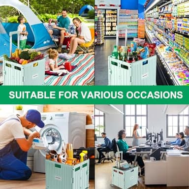 MACOPRO Folding Utility Cart Portable Rolling Crate Handcart Shopping Trolley Collapsible Tool Box, with Lid, Basket on 4 Rotate Wheels, for Grocery, Office, Teacher, Travel Shop Move Luggage (Green) - Image 7