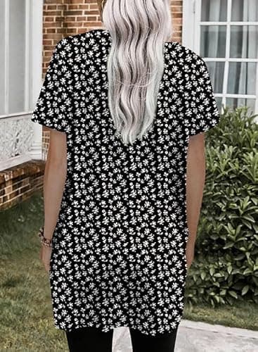 XL Black Going Out Tops for Women Trendy Tunic Work Shirts Cotton Short Sleeve Floral Dressy Tops and Blouses with Pockets Outfits Petite to Wear with Leggings - Image 2