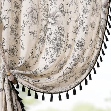 JINCHAN Linen Blend Curtains Floral Curtains for Living Room 84 Inches Long Printed Curtains with Tassels Rod Pocket Farmhouse Rustic Peony Flower Patterned Drapes Bedroom Window Curtains Set 2 Panels - Image 1
