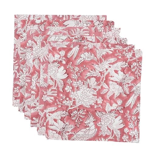 CPC Cloth Napkins 100% Cotton Set of 4 Reusable Napkins, Indian Block Print Toile Floral Dinner Napkin, Fall Thanksgiving Christmas Holiday Party Gift - Soft Absorbent Napkin, 18"x18" Pink Coral - Image 1