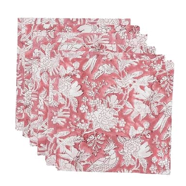 CPC Cloth Napkins 100% Cotton Set of 4 Reusable Napkins, Indian Block Print Toile Floral Dinner Napkin, Fall Thanksgiving Christmas Holiday Party Gift - Soft Absorbent Napkin, 18"x18" Pink Coral - Image 1