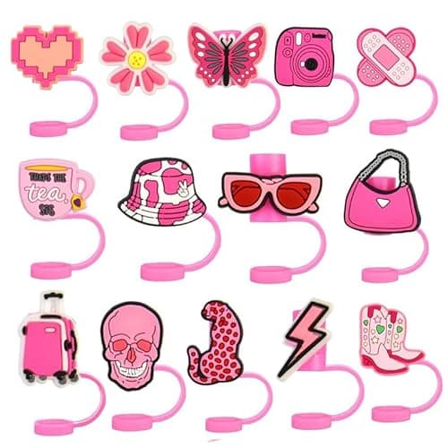 Pink Straw Toppers for Tumblers - 14PCS Cute Reusable Straw Lids 40oz 10mm - Image 1
