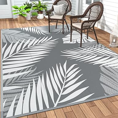 GENIMO Outdoor Rug 5' x 8' Waterproof for Patios Clearance, Reversible Plastic Straw Camping Carpet, Large Area Rugs Mats for RV, Picnic, Backyard, Deck, Balcony, Porch, Beach, Grey&White - Image 1