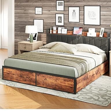 LIKIMIO King Bed Frame with 4 Storage Drawers, Platform Bed with Charged Headboard, Sturdy and Stable, No Noise, No Box Spring Needed, Easy to Install, Vintage Brown and Gray - Image 6