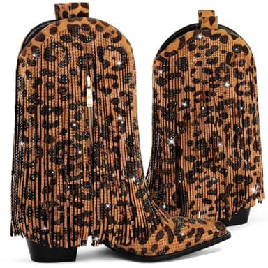 Ouepiano Cowboy Boots for Women - Cowgirl Rhinestone Boots with Sparkly Fringe Pointed Toe Western Boot Chunky Heel Pull-On Wide Calf Leopard Botas Vaqueras Size 7.5 - Image 6