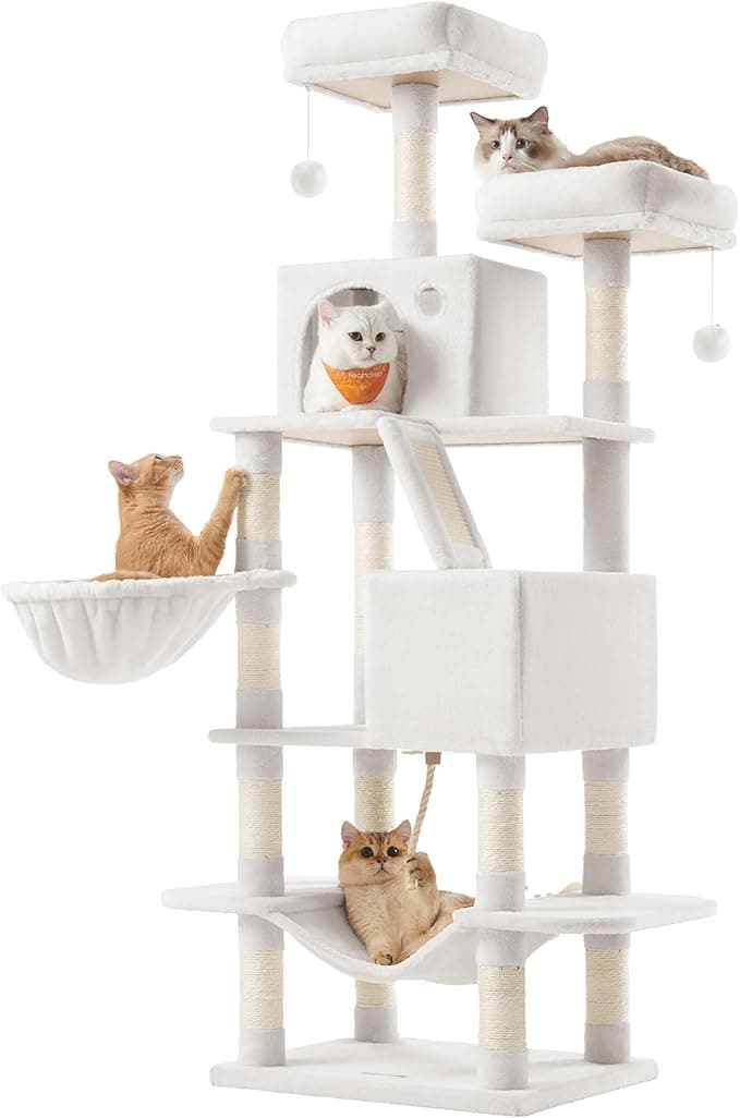 Feandrea Cat Tree, 66.1-Inch Large Cat Tower, Multi-Level Plush Condo with 13 Scratching Posts, 2 Perches, 2 Caves, Basket, Hammock, Pompoms, Cream White UPCT165T01 - Image 1