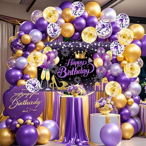 YinQin 63 PCS Purple Gold Happy Birthday Party Balloons Set with Photo Backgrounds Backdrops Banner Cloth Confetti Balloon Purple Golden Happy Birthday Party Supplies Decorations for Girl Women - Image 1