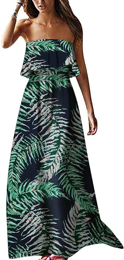 ZMPSIISA Women's Summer Off The Shoulder Maxi Dress Ruffle Strapless Blue White Porcelain Boho Casual Loose Long Dresses - Image 1